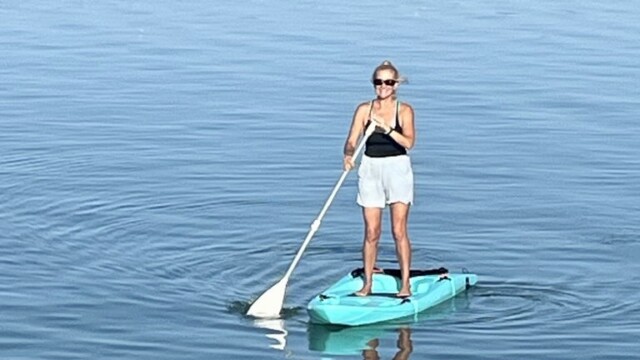 My first time standing up on the paddleboard! Yikes....