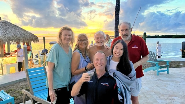 Cocktails at the pool with old and new friends.